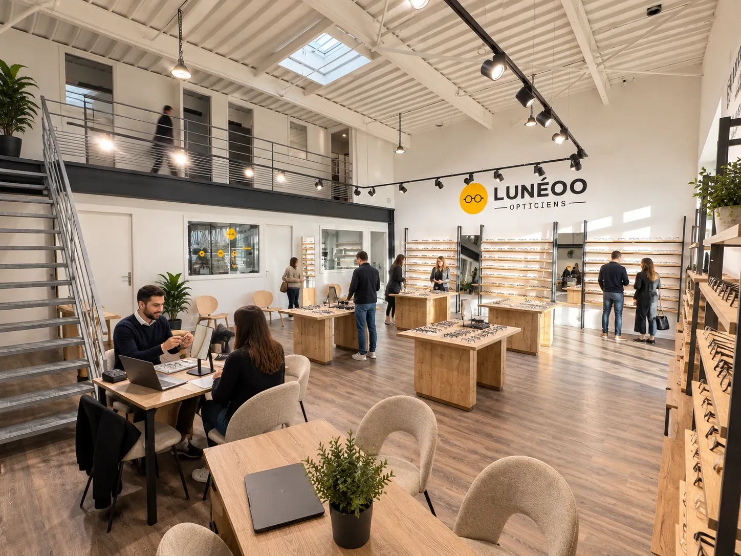 Intérieur de la boutique Lunéoo : tables d'exposition des montures, mur de lunettes, espace d'accueil et mezzanine