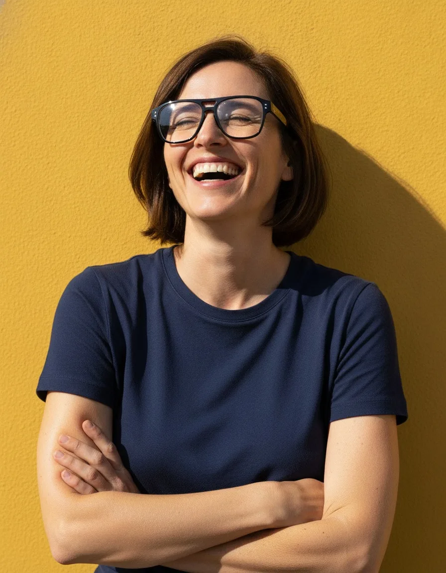 Femme riant, bras croisés, portant des lunettes noires, adossée à un mur jaune