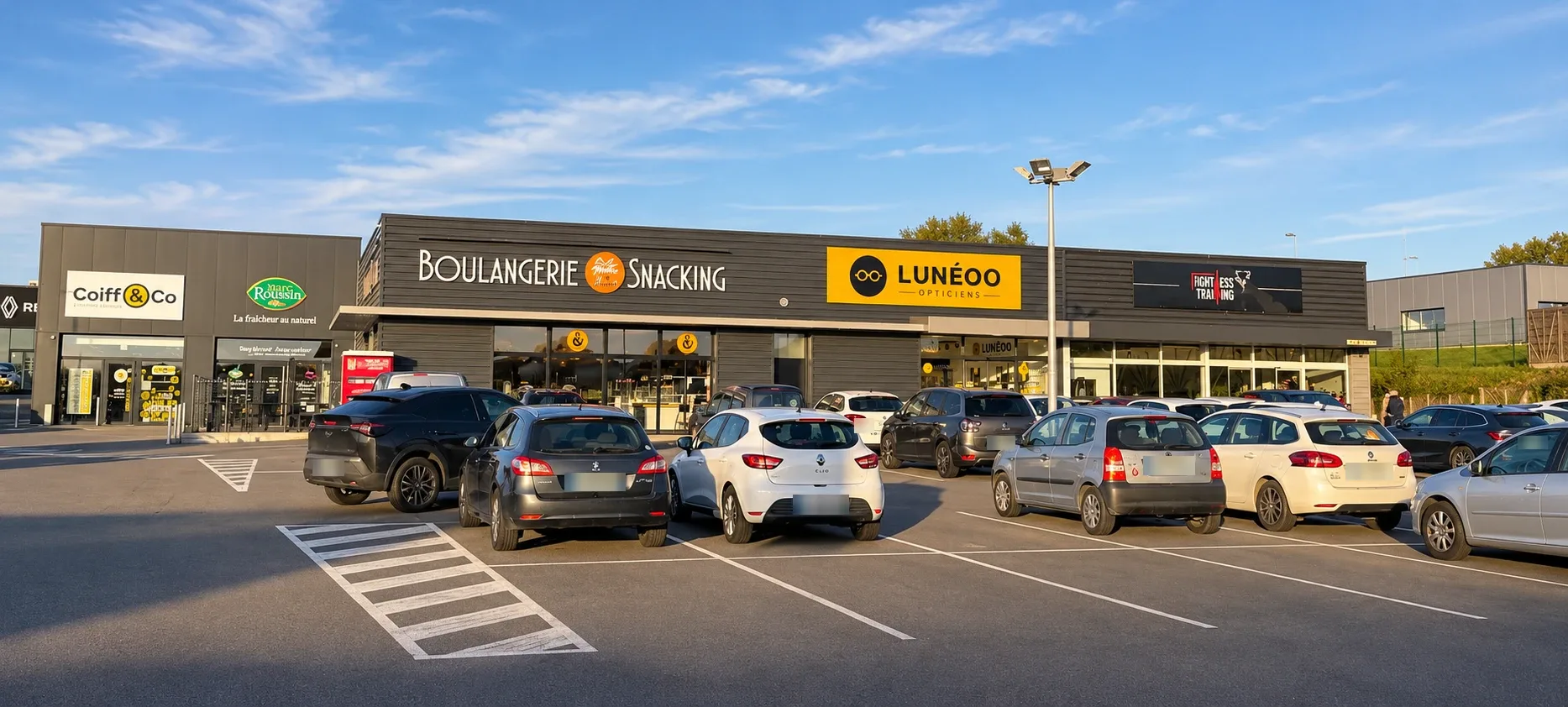 Devanture de Lunéoo Opticiens à Montauban-de-Bretagne, entre la boulangerie-snacking et la salle de sport, avec le parking devant la boutique