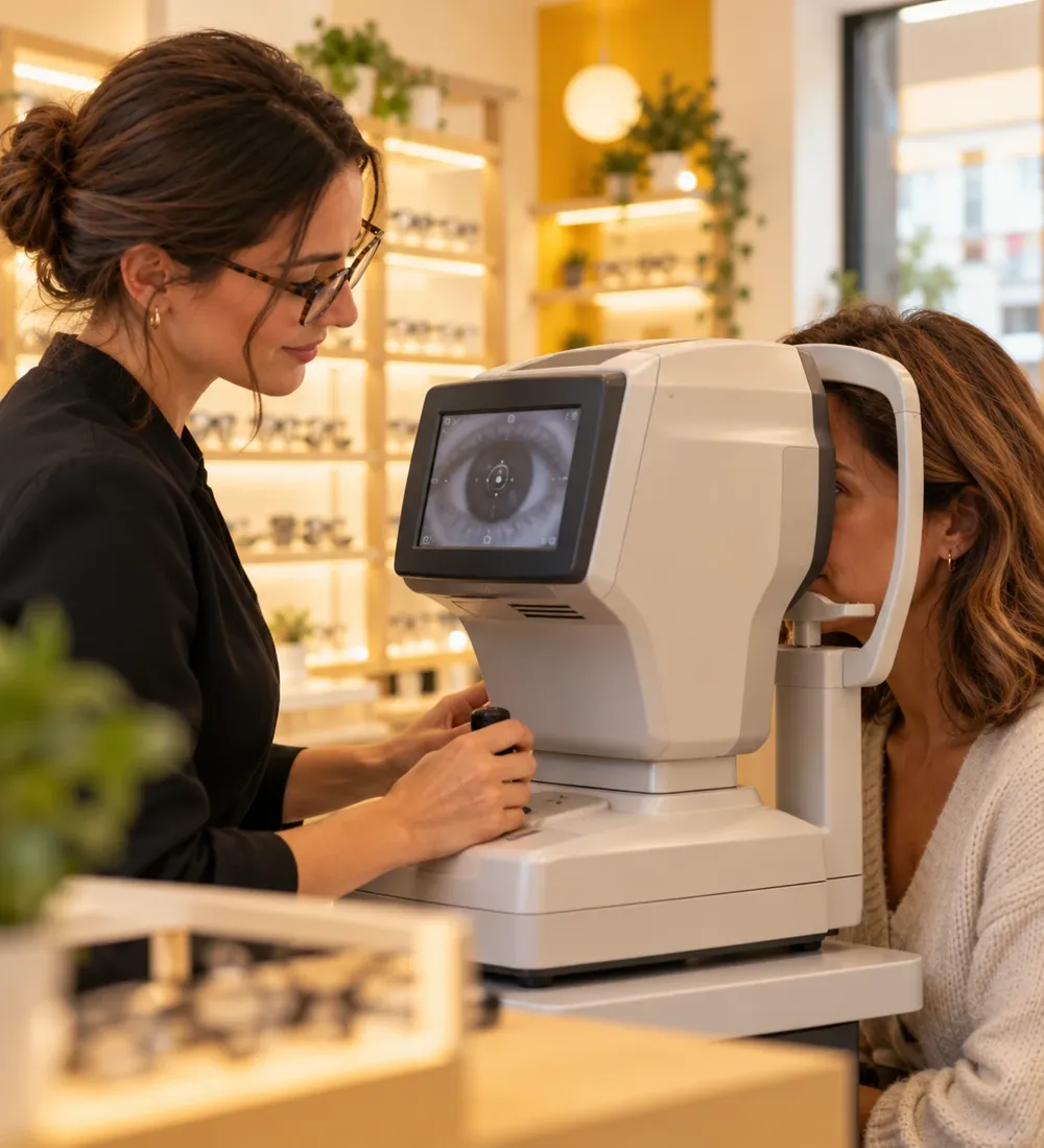 Une opticienne mesure la vue d'une cliente avec un autoréfractomètre, dans la boutique Lunéoo